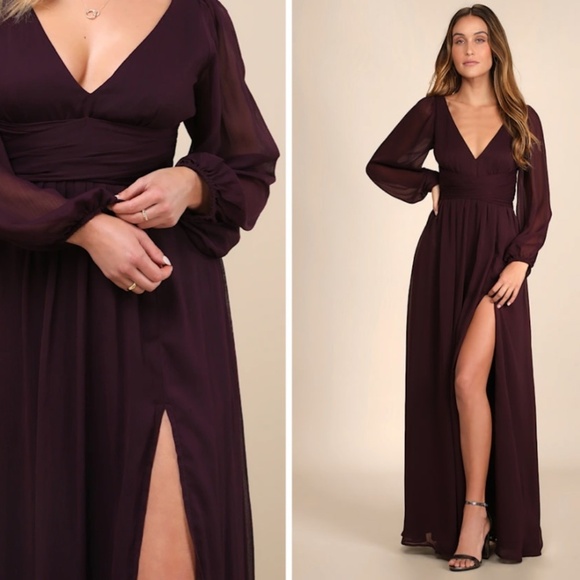 LULU's Sexy Elegant Long Sleeve Romantic Flowy Bridesmaid Wedding Formal Gown - Picture 3 of 7
